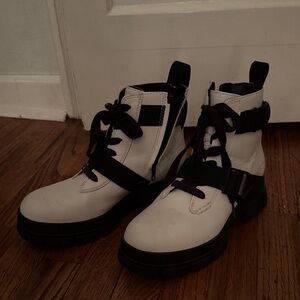 White and Black Lace-Up Leather Boots